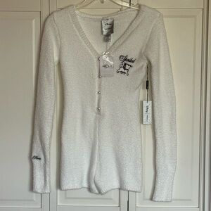 Forever 21 White Long Sleeve Knit Sleep Romper with Embroidery